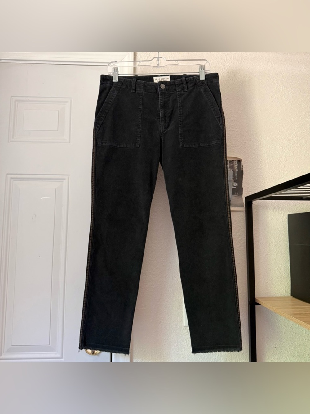 NILI LOTAN washed black cotton corduroy slim leg side stripe fray hem pants